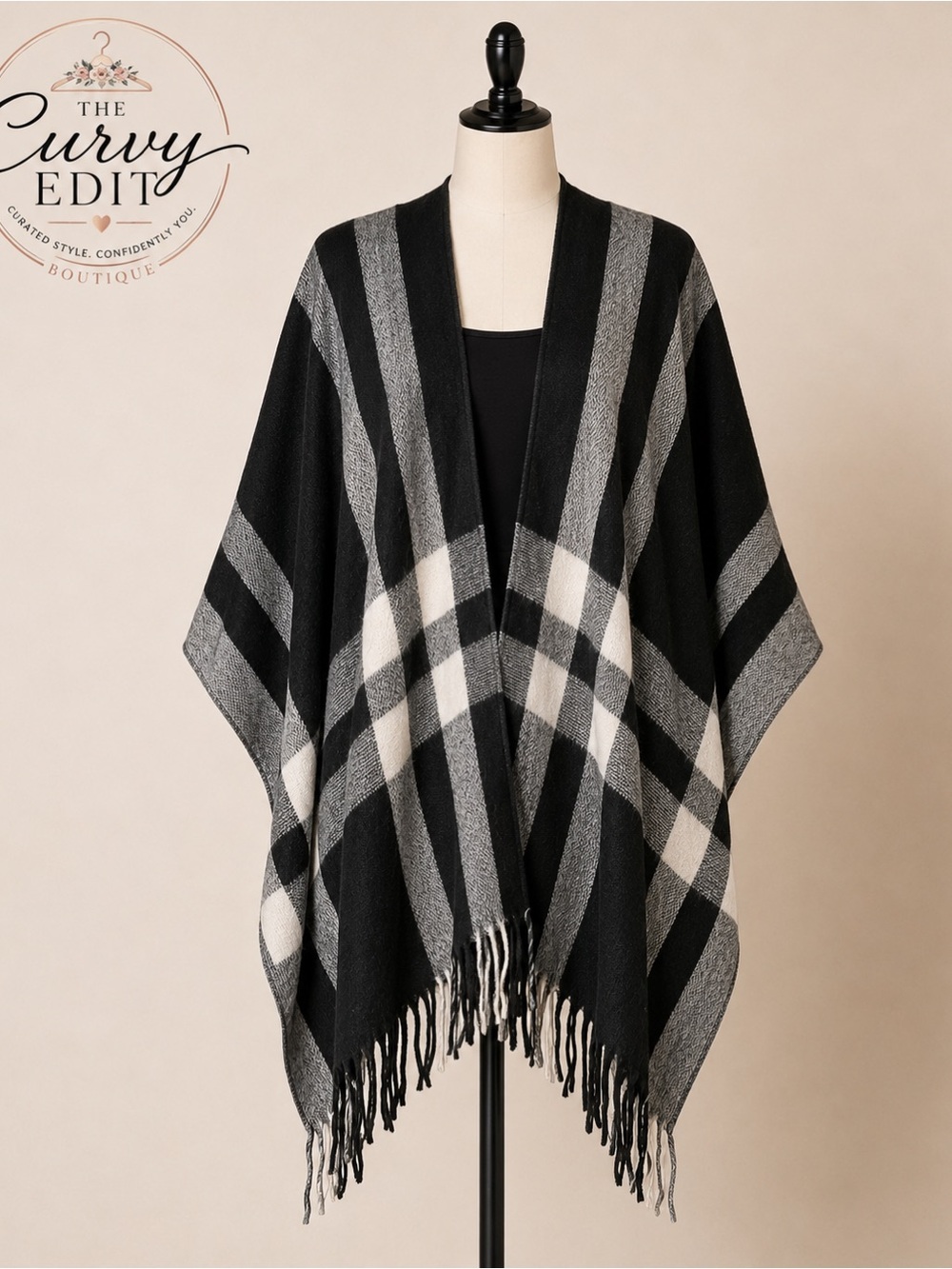 Three Dots NWT Black Gray Plaid Fringe Ruana Wrap Poncho One Size Cashmere